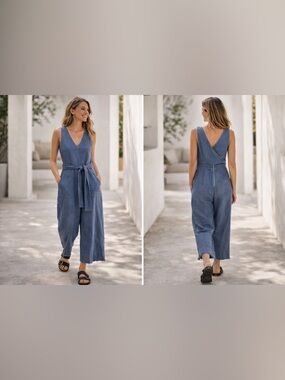 ASTR The Label Chambray Wrap Jumpsuit Tie Waist Wide Leg Cropped Blue XS